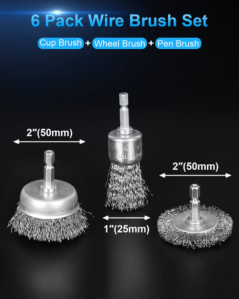 6 Pack Set 1/4-Inch Rocaris Carbon Steel Wire Wheel and Pen Brush with Hex Shank for Rust Removal, Corrosion and Scrub