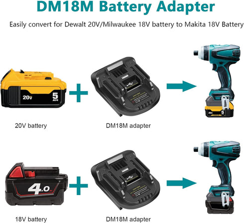 KUNLUN DM18M Battery Adapter for Makita 18V Tools, Convert Dewalt 20V & Milwaukee M18 Batteries to Makita 18V