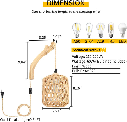 Frideko Rattan Wall Lamp with Plug in Cord Hand Woven Plug in Wall Sconces Paper Rope Wall Light Farmhouse Wall Sconce