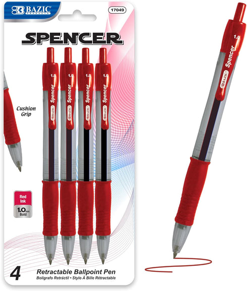 BAZIC Spencer Retractable Pen w/ Cushion Grip, Red (4/Pack)
