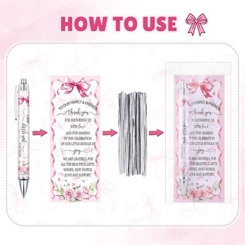 Sayglossy 50 Sets Pink Baby Shower Pens with Thank You Cards Baby Shower Favors for Guests Pink Bow Ballpoint Pens Bulk