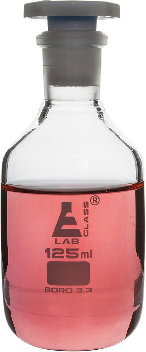 EISCO 125mL (4.2oz) Glass Reagent Bottle with Acid Proof Polypropylene Stopper, Borosilicate 3.3 Glass Labs by EISCO