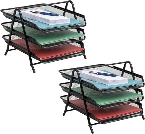 Mind Reader 3-Tier Paper Tray, Set of 2, Desktop Organizer, Metal Mesh File Storage, Black
