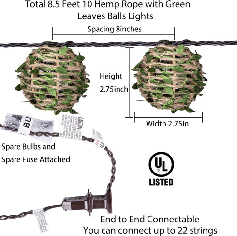 TWINKVILLA 10 Decorative Lantern String Lights, Outdoor Plug in Hanging Lights with Natural Hemp Rope Leaf Balls