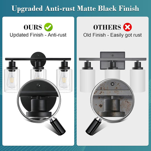 Unicozin 3 E26 Modern Bathroom Light Fixtures, Light Vanity Lights, Black Wall Lamp with Clear Glass for Bathroom