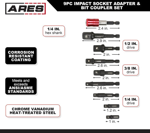ARES 22034 9-Piece Impact Grade Socket Adapter and Bit Coupler Set, Turns Impact Drill into High Speed Socket Driver