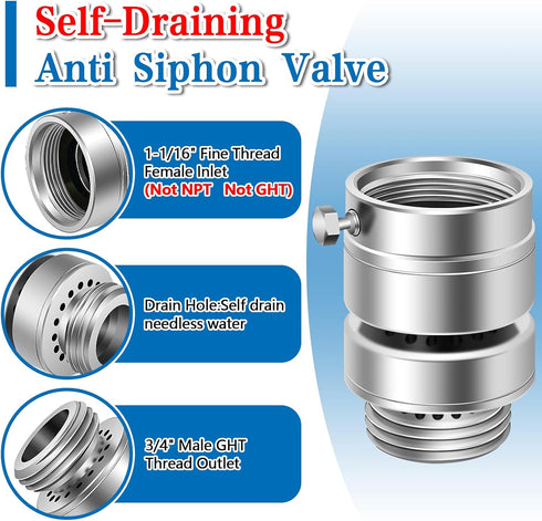 Self-Draining Vacuum Breaker, 1-1/16" Female Fine Thread, No Lead Brass Hose Bib Vacuum Breaker