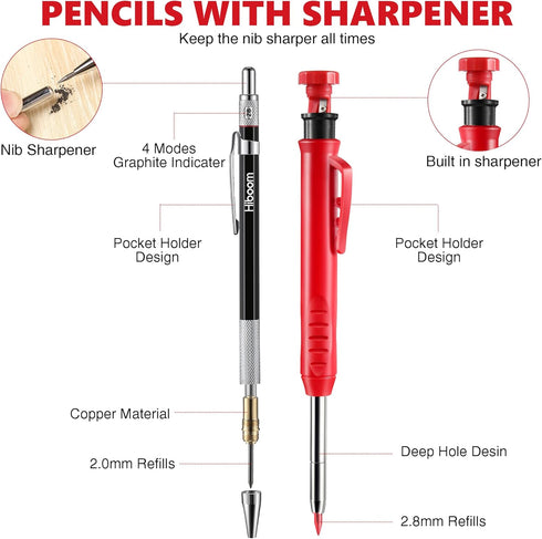 Hiboom 10 Pack Carpenter Pencil Set, 4 Colorful Solid Carpenter Pencils with Sharpener