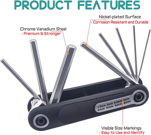 R'DEER 8 in 1 Folding Hex Key Set Pocket Portable Bike Metric Allen Wrench Kit Comfort Grip Hand Tool Sizes 1.5mm-8mm by R'DEER
