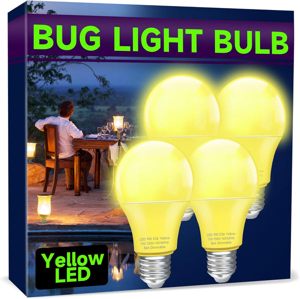 Yellow LED Bug Light Bulbs, A19 Outdoor Yellow Bug Light, 9W Equivalent 60W, E26 Base, Non-Dimmable, 4 Pack
