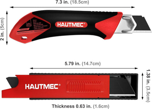 HAUTMEC 25mm Extra Heavy-Duty Utility Knife with 10pcs Blade set, Multi-Purpose Snap-off Box Cutter, Ratchet-lock Mechanism, Reinforced Fiberglass Handle HT0251-KN by HAUTMEC