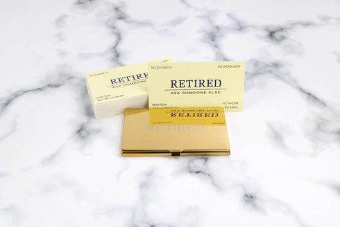 RXBC2011 Retired Business Cards, Funny Retirement Gift Pack of 50 with Gold Mirror Stainless Steel Case