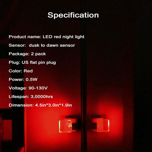 2 Pack, 0.5W Red Night Lights Plug in Red Light Night Light with Dusk to Dawn Sensor, Auto On/Off LED Night Light Plug