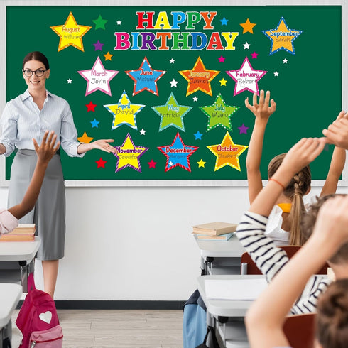 Happy Birthday Bulletin Board Set, Glitter Star Decorations with Confetti Cutouts for Classroom Birthday Calendar