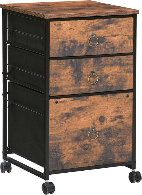 HOOBRO Vertical 3-Drawer Mobile File Cabinet, Rustic Brown Office Cabinet, Rolling Printer Stand, A4/Letter-Sized