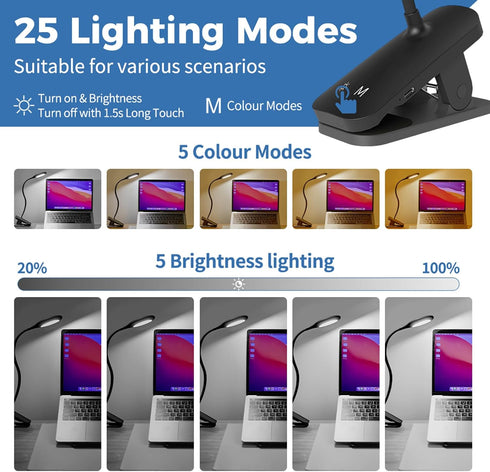 2Pack 5 5 CUHIOY Clip on Reading Light, Colors Brightness Bed Light for Headboard, Battery Rechargeable Flexible Neck