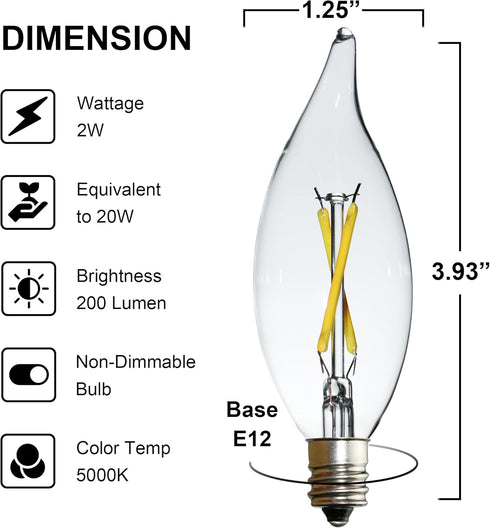 B10-C32 E12 Bulb 2W 5000K 12pcs Non-Dimmable LED Candelabra Daylight, Flicker-Free Clear Glass Vintage for Wax Warmer