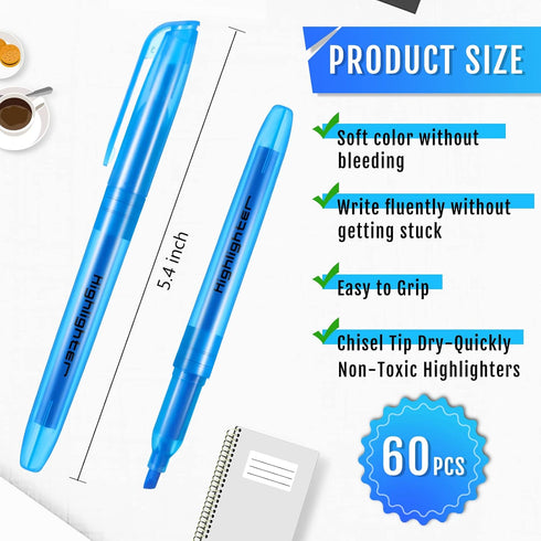 Fuutreo 60 Pack Pastel Highlighters, Bright Color Chisel Tip Dry Quickly Safe Pens for Adults Home School Office (Blue)