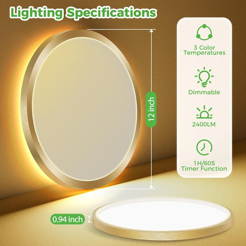 12 Inch 1800K, 3000K/4000K/6500K Dimmable zemty LED Ceiling Light with Night Light Fixture with Remote Control, Low