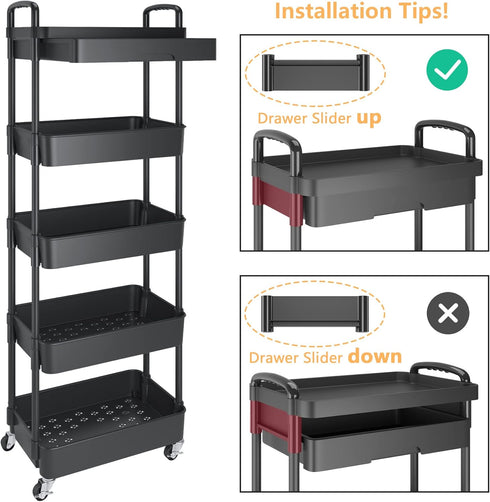 Calmootey 5-Tier Rolling Utility Cart with Drawer, Multifunctional Storage Organizer for Kitchen, Bathroom, Office,