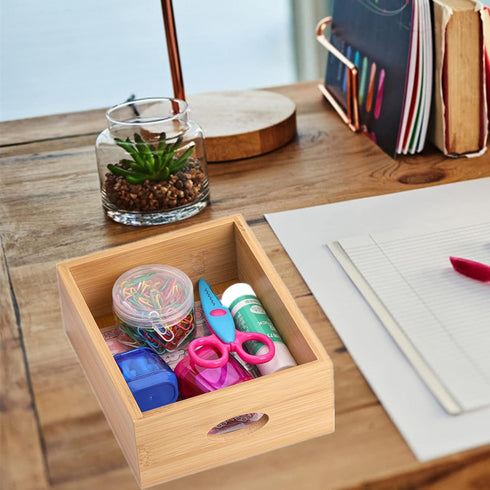 ZOOFOX Bamboo Desk Organizer, 100% Natural Bamboo Storage Box with 4 Drawers for Makeup Vanity and Office Supplies