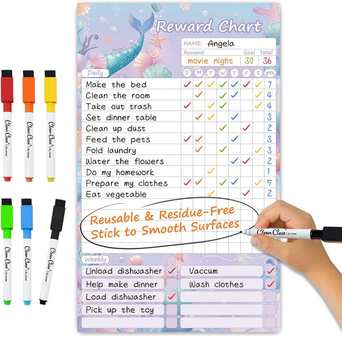 Clever Clean Dry Erase Chores Chart for Kids, Reusable Reward Chart, Non-Magnetic Board with 6 Markers (Mermaid)