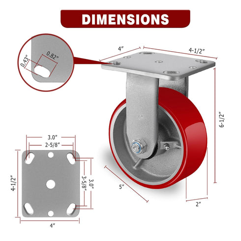 5" X 2" Heavy Duty Industrial Rigid Caster, 1000lbs Load Capacity, No Noise Polyurethane Wheel on Steel Hub (1 Pack).