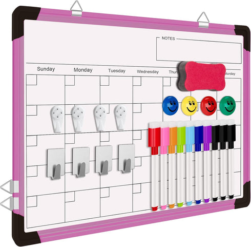 Dry Erase Calendar Whiteboard for Wall, 16" x 12" Magnetic Board, Portable Hanging Planner Memo (Pink)