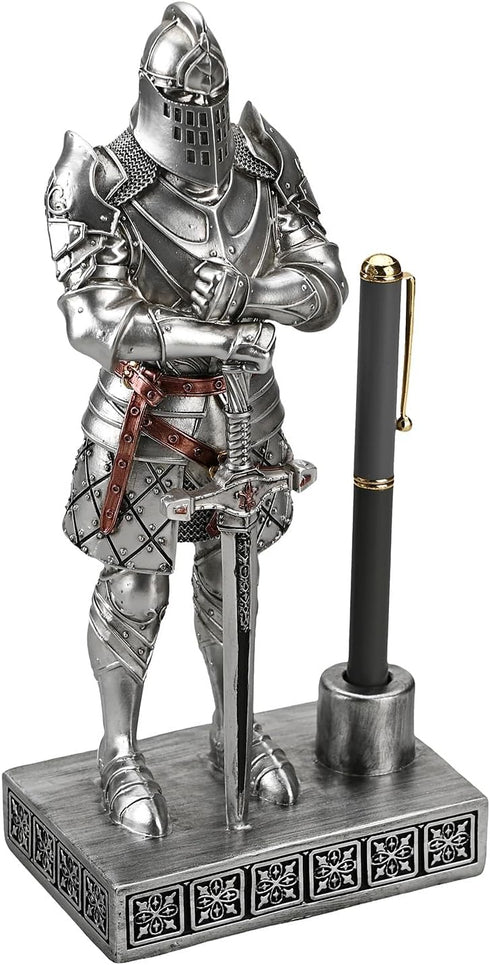 King's Guard Knight Pen Stand Statue - 9.45 Inches Silver Office Desk Organizer for Men, Top Collection Gift