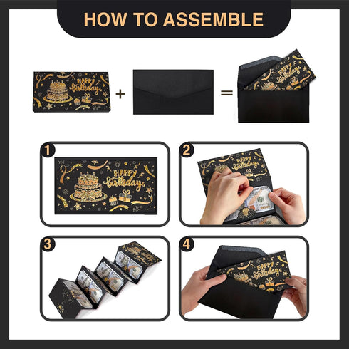 6 Black Gold Happy Birthday Money Envelope for Cash, DIY Money Holder with Slots for Cash, Surprise Card Holder
