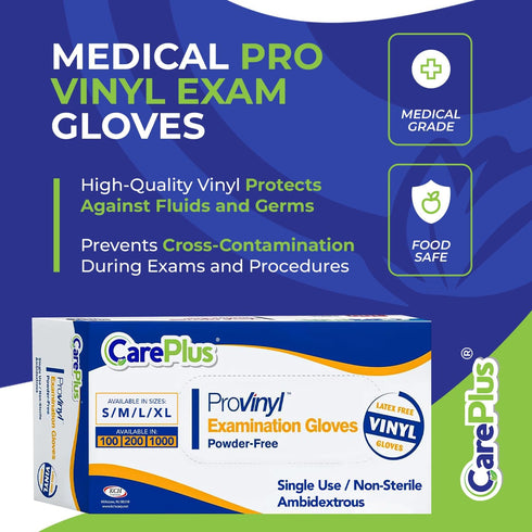100 200 Count CARE PLUS Pro Vinyl Medical Examination Gloves, Size S, M, L, XL - | Latex & Powder Free, Rubber, Non