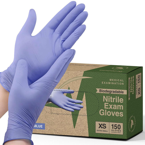 Biodegradable Disposable Medical Gloves, X Small 150 Count Violet Blue Nitrile Gloves, Latex Free