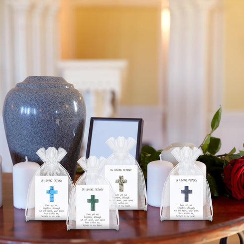 50 Sets Chunful Celebration of Life Favors Christian Pocket Token Bulk Cards with Cross Crystal Stones White Organza