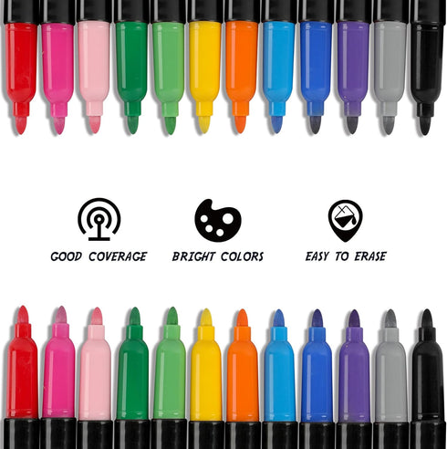Dabo&Shobo Wet Erase Markers, 24-Count Smudge-Free Fine Tip, Erases With Water for Office, School, Home
