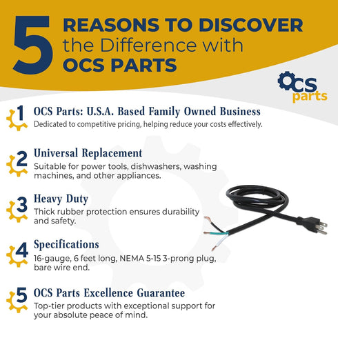 OCS Parts NEMA 5-15 16-Gauge 3-Wire Power Tool Cord - 6 Feet Replacement SJTW Cord with Open End