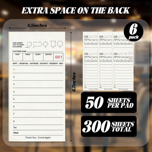6 Pack 300 Server Note Pads, Natural Guest Checks Books for Servers, Server Pads, Total Sheets Server Paper, Waitress