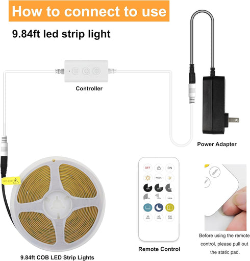 9.84ft 24V 2700K Dimmable AXMOTUT Smart COB LED Strip Lights, Warm White LED Light Strips, High Bright LED tape light