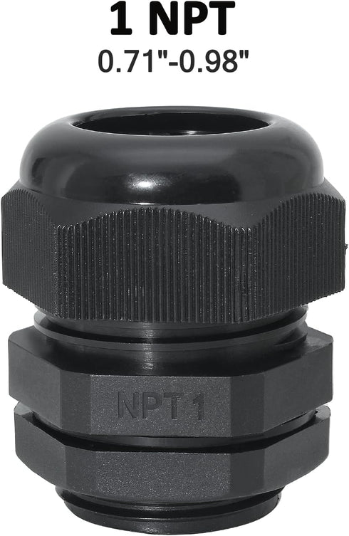 1" NPT Nylon Cable Glands, IP68 Waterproof Adjustable Cord Grip Cable Connector Strain Relief Wire Protectors for 18-25mm Cable Diameter, 2 Pcs, Black