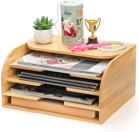 Jucoan Bamboo Countertop File Organizer, 4 Slot Vertical Wall Mounted Holder for Documents, Magazine Folder for Home