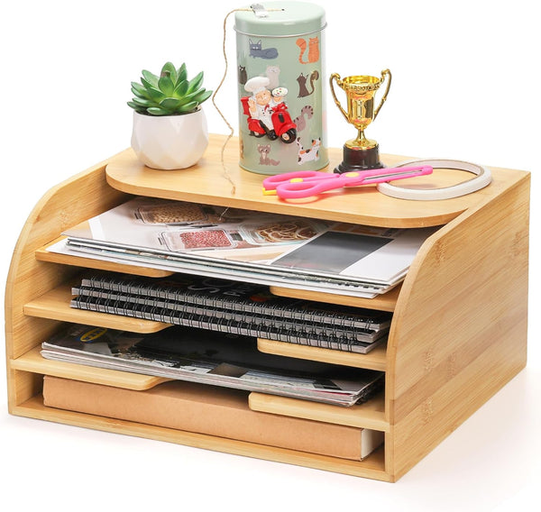 Jucoan Bamboo Countertop File Organizer, 4 Slot Vertical Wall Mounted Holder for Documents, Magazine Folder for Home