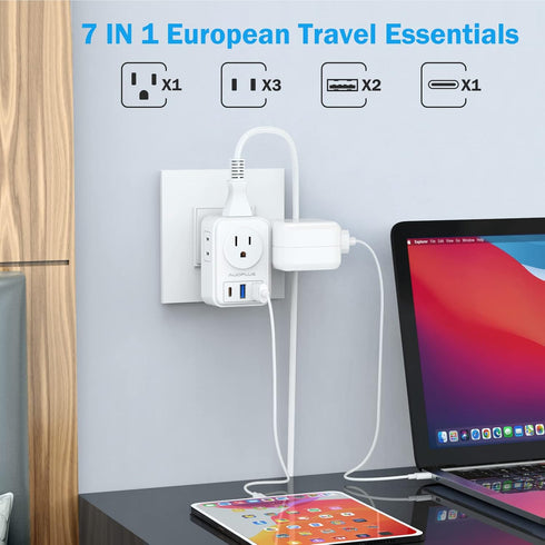 2 Pack European Travel Plug Adapter with USB C, US to Europe Power Adapters with 4 AC Outlets, 3 USB Charging Ports,