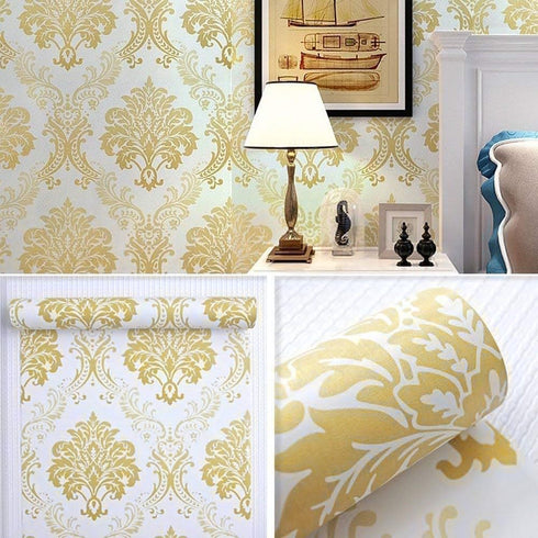 Lependor Gold Damask Peel and Stick Wallpaper Removable Self Adhesive Decorative Wall Paper Roll - 17.71" X 393"