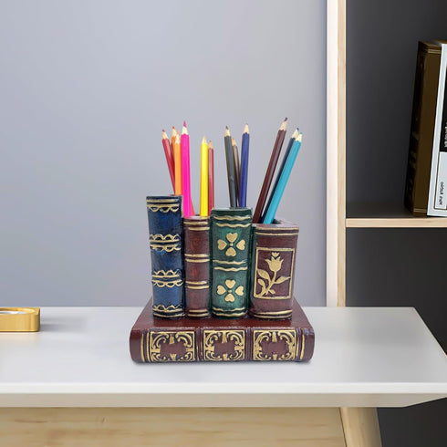 Pen Holder for Desk, Decorative Resin Pencil Organizer Caddy with Antique Library Books Design for Office Supplies