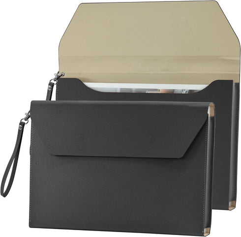 VANRA Expanding File Folder Organizer, PU Leather Document Holder, File Pocket Envelope Bag, A4 Letter Size, Black