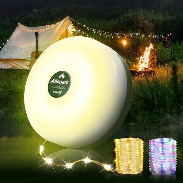 Allspark Camping String Lights Rechargeable, 4 in 1 Quick Storage 32.8FT Tent String