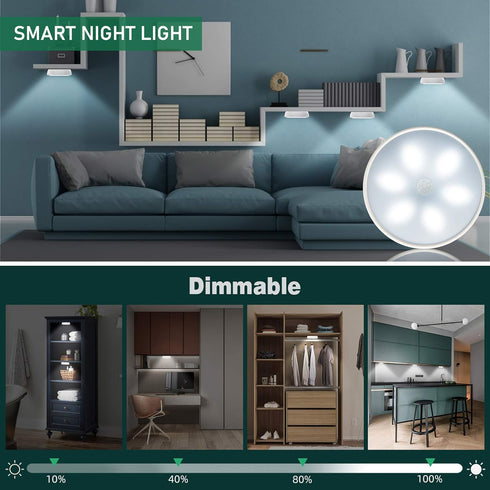 Closet Dimmer Counter, (6 Pack) LED Lights Wireless Motion Sensor Puck Light, Newest Version USB Rechargeable Step