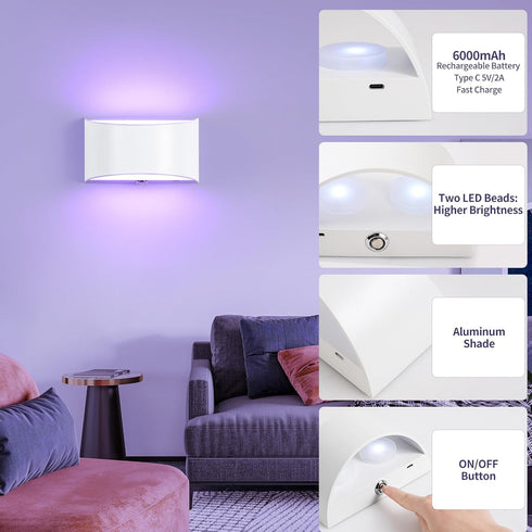 Hirzsjoy 16 Dimmable 6000mAh Battery Operated Wall Sconce, Wireless Wall Lights with Remote, Colors Wall Sconces LED