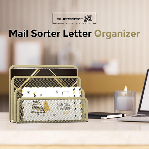 SUPEASY Mail Organizer - Desktop File Holder with 3-Slot, Metal Mesh for Countertop, Yellow