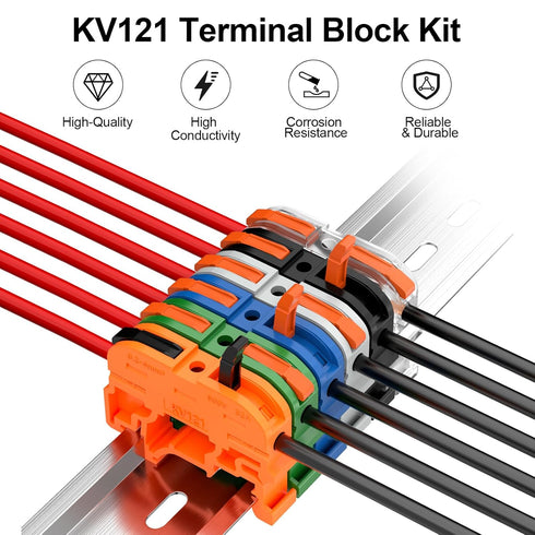 KV121 600V 32A 24-12 12.6 Terminal Block Kit, AWG Compact Lever Wire Connectors, DIN Rail Included, Quick Wiring