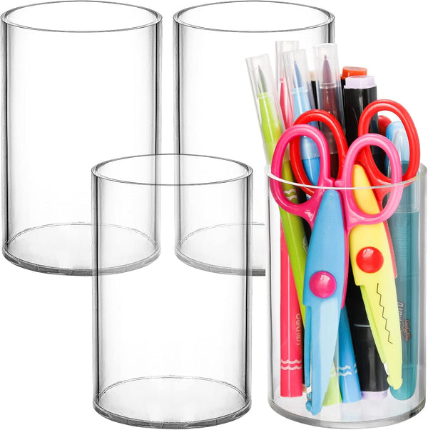Peohud 4 Pack Acrylic Pen Holders, Clear Thick Pencil Cup, Round Makeup Brush Holder for Desk Accessories